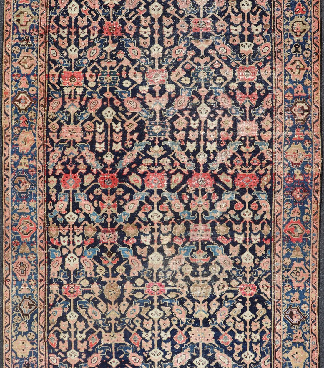 Antique Persian Malayer Gallery Rug with Geometric All - Over Herati Design. Distressed rug, antique distressed rug Multicolored distressed antique Persian Malayer gallery rug with geometric Herati motifs, rug EMB - 8513 - 178293, country of origin /... - Keivan Woven ArtsEMB - 8513 - 178293 - 13652Rug