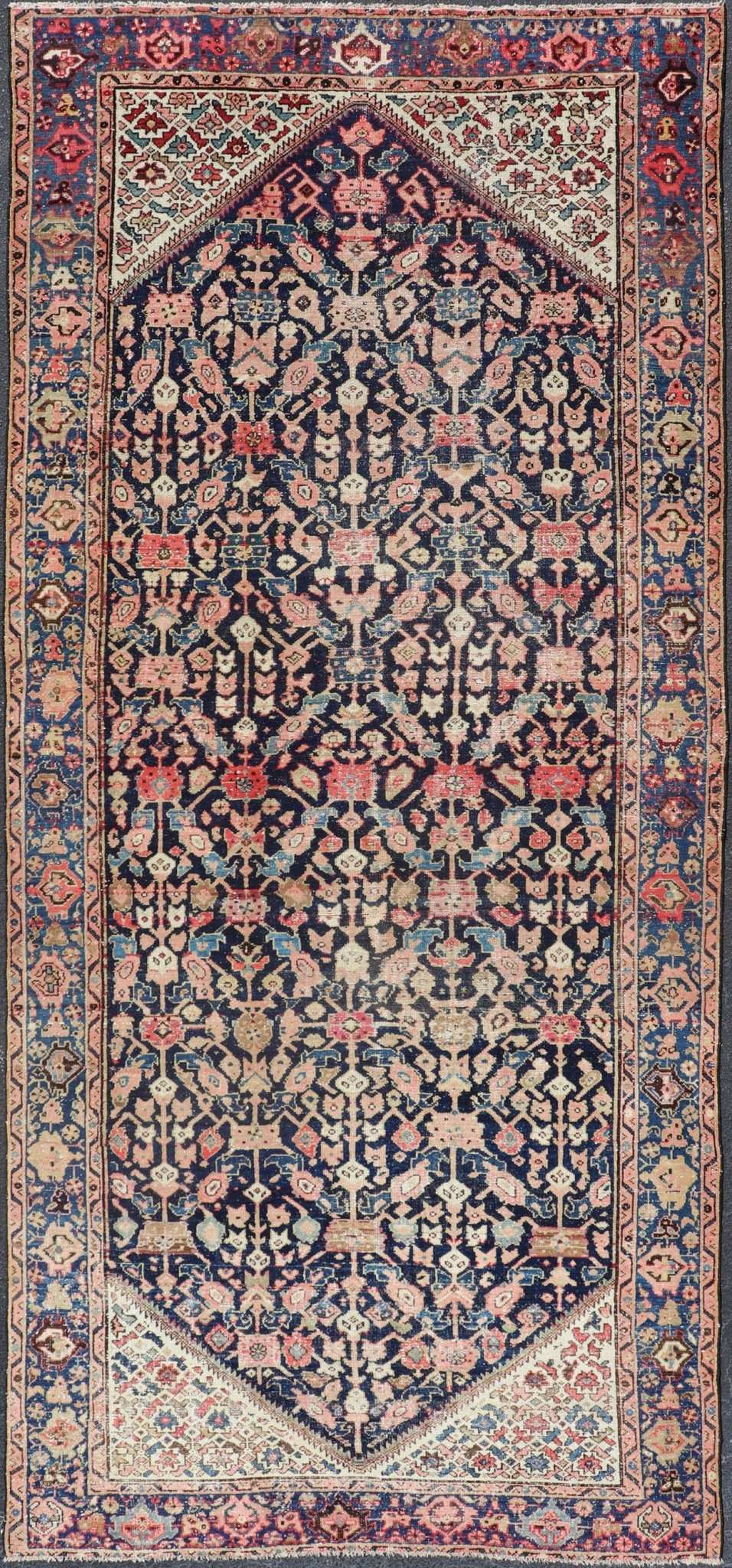 Antique Persian Malayer Gallery Rug with Geometric All - Over Herati Design. Distressed rug, antique distressed rug Multicolored distressed antique Persian Malayer gallery rug with geometric Herati motifs, rug EMB - 8513 - 178293, country of origin /... - Keivan Woven ArtsEMB - 8513 - 178293 - 13652Rug