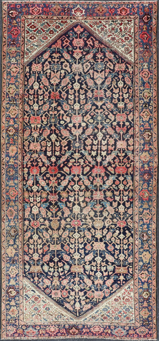 Antique Persian Malayer Gallery Rug with Geometric All - Over Herati Design. Distressed rug, antique distressed rug Multicolored distressed antique Persian Malayer gallery rug with geometric Herati motifs, rug EMB - 8513 - 178293, country of origin /... - Keivan Woven ArtsEMB - 8513 - 178293 - 13652Rug