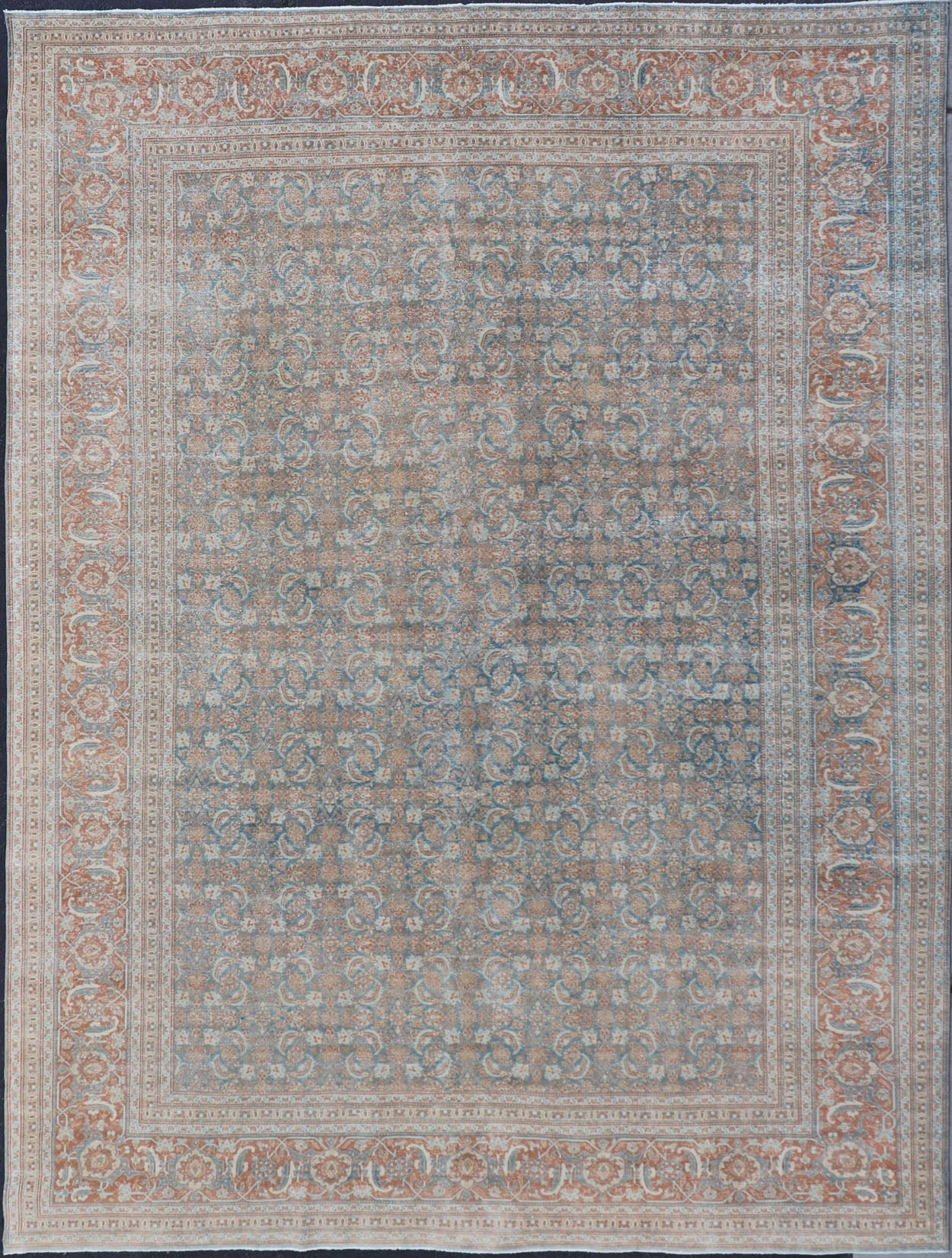 Large Distressed Antique Persian Tabriz Carpet with Herati Design in Gray Blue & Orange Red. Distressed antique rug. distressed Tabriz. Distressed Persian rug Antique Persian large distressed Tabriz rug with all over Herati and geometric design... - Keivan Woven ArtsEMB - 8514 - 178292 - 13658Rug