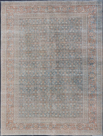 Large Distressed Antique Persian Tabriz Carpet with Herati Design in Gray Blue & Orange Red. Distressed antique rug. distressed Tabriz. Distressed Persian rug Antique Persian large distressed Tabriz rug with all over Herati and geometric design... - Keivan Woven ArtsEMB - 8514 - 178292 - 13658Rug