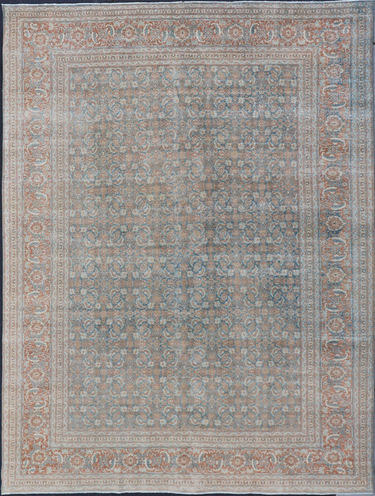 Large Distressed Antique Persian Tabriz Carpet with Herati Design in Gray Blue & Orange Red. Distressed antique rug. distressed Tabriz. Distressed Persian rug Antique Persian large distressed Tabriz rug with all over Herati and geometric design... - Keivan Woven ArtsEMB - 8514 - 178292 - 13658Rug