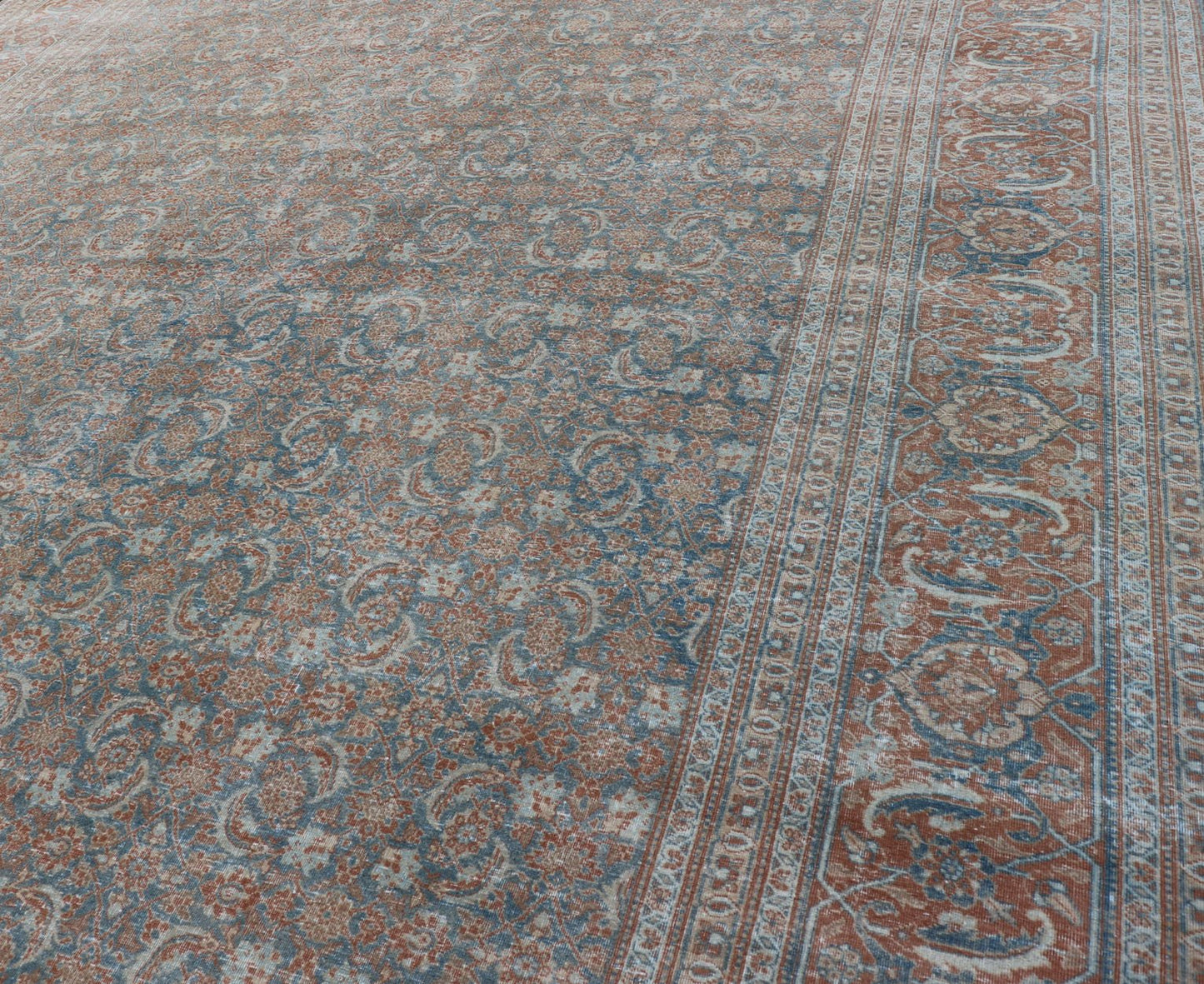 Large Distressed Antique Persian Tabriz Carpet with Herati Design in Gray Blue & Orange Red. Distressed antique rug. distressed Tabriz. Distressed Persian rug Antique Persian large distressed Tabriz rug with all over Herati and geometric design... - Keivan Woven ArtsEMB - 8514 - 178292 - 13658Rug