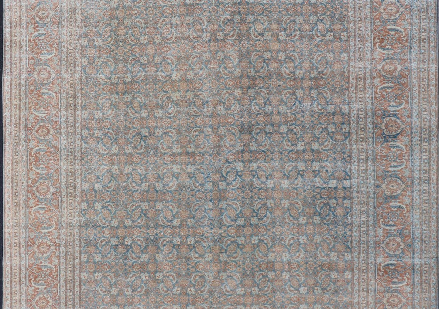 Large Distressed Antique Persian Tabriz Carpet with Herati Design in Gray Blue & Orange Red. Distressed antique rug. distressed Tabriz. Distressed Persian rug Antique Persian large distressed Tabriz rug with all over Herati and geometric design... - Keivan Woven ArtsEMB - 8514 - 178292 - 13658Rug
