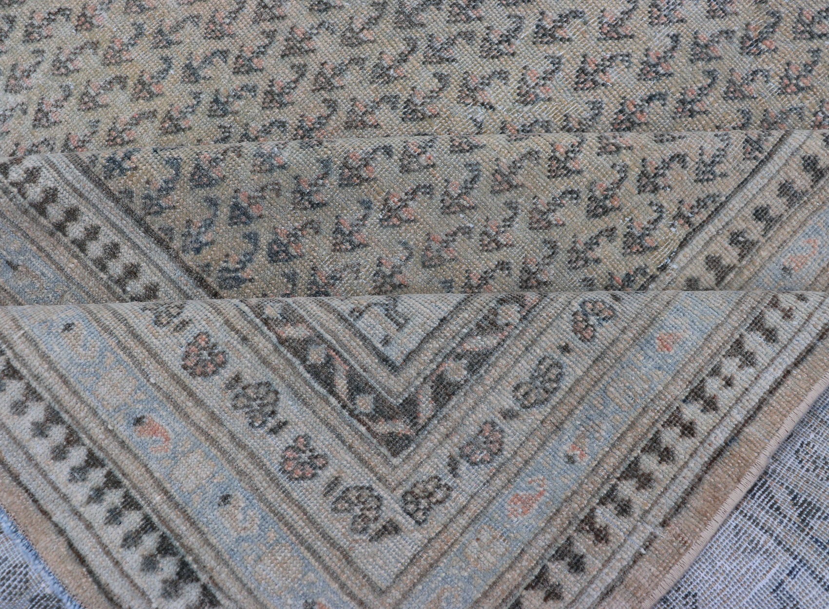 Minimalist Design Antique Persian Tabriz Rug In All - Over Design in Faded Colors Minimalist antique Persian Tabriz rug with all - over field and , light peach, light blue, Keivan Woven Arts / rug EMB - 8521 - 178687, country of origin / type: Iran/ Tab... - Keivan Woven ArtsEMB - 8521 - 178687 - 13712Rug