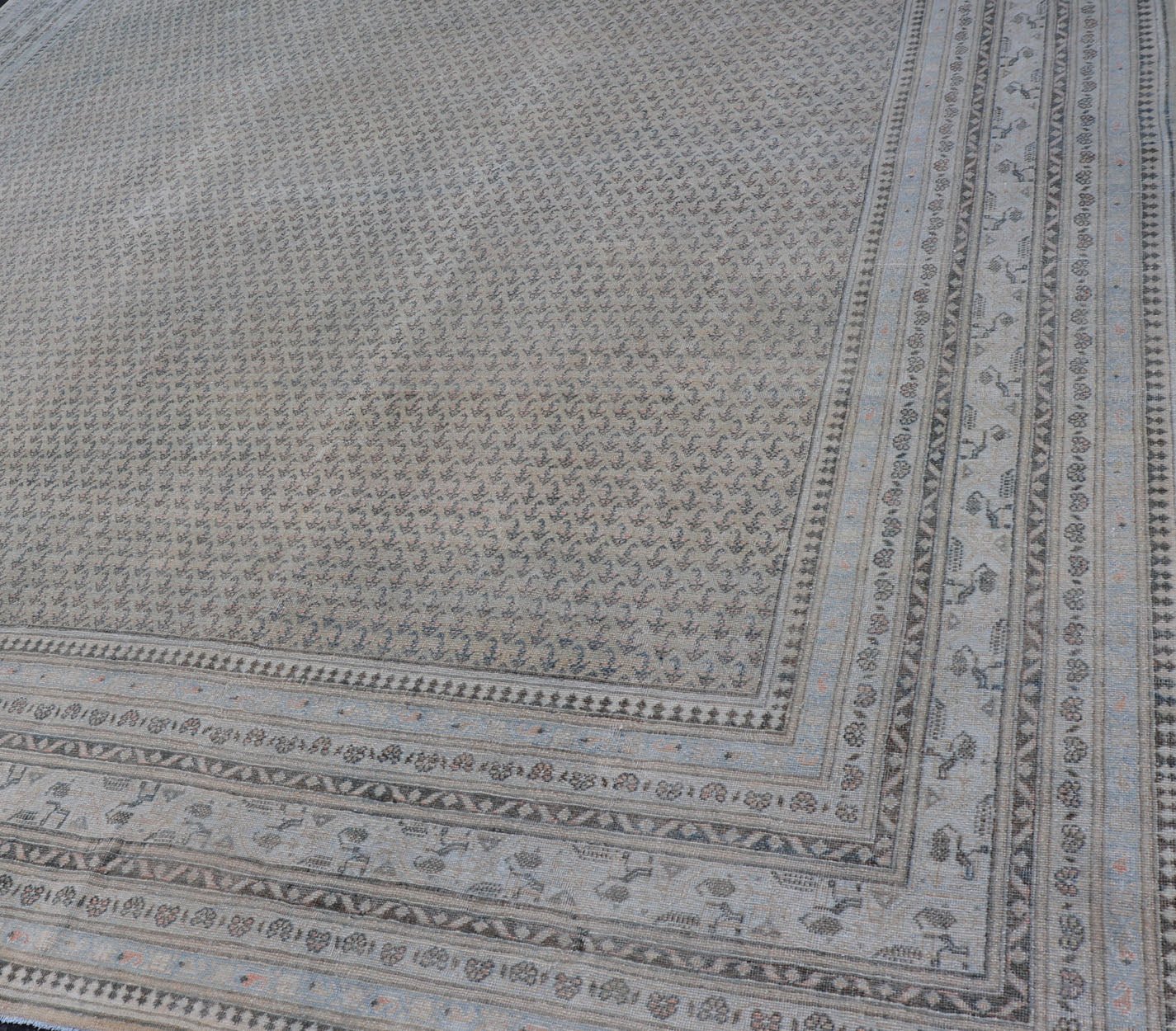 Minimalist Design Antique Persian Tabriz Rug In All - Over Design in Faded Colors Minimalist antique Persian Tabriz rug with all - over field and , light peach, light blue, Keivan Woven Arts / rug EMB - 8521 - 178687, country of origin / type: Iran/ Tab... - Keivan Woven ArtsEMB - 8521 - 178687 - 13712Rug