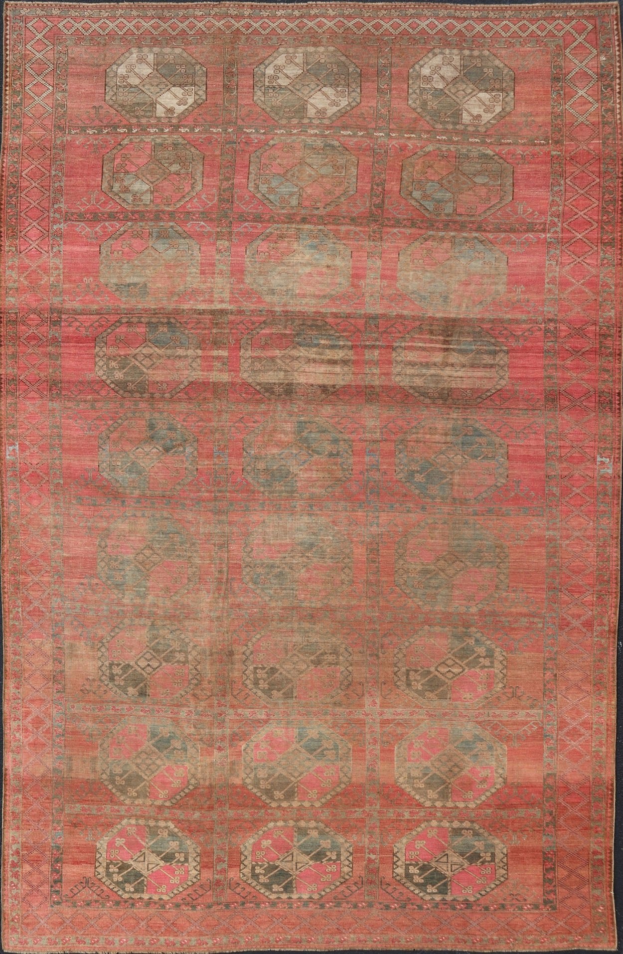 Large Turkomen Ersari Rug with All - Over Gul Design in Tan, Coral, and Brown. Antique Persian Ersari/ Turkomen rug in coral/red tones with geometric motifs. Keivan Woven Arts / rug EMB - 8522 - 178691, Turkomen, circa 1930. Measures: 10'4 x 15'6 This... - Keivan Woven ArtsEMB - 8522 - 178691 - 13668Rug