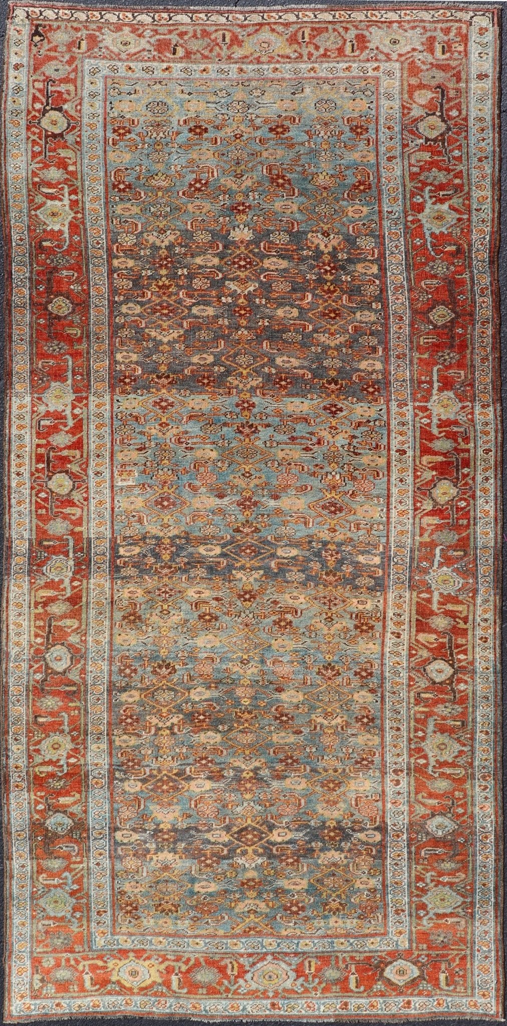 Antique Persian Bidjar Short Gallery Rug with All - Over Sub - Geometric Design This antique hand - knotted Persian Bidjar short gallery sized rug features a all - over sub - geometric design throughout the entirety of the piece, and is enclosed within a... - Keivan Woven ArtsEMB - 8526 - 178690 - 13686Rug
