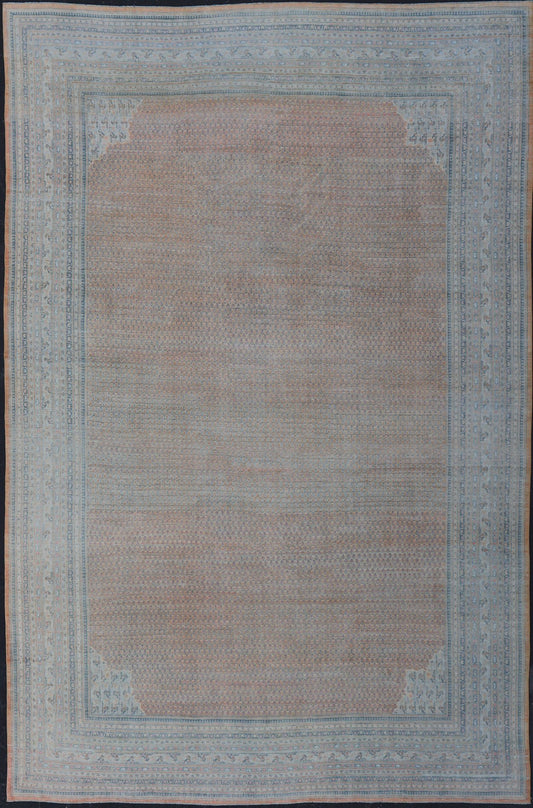 Minimalist Design Persian Tabriz Rug with Soft Orange Background, silver & Blue large antique Persian Tabriz rug with all - over Paisley Field, Keivan Woven Arts / rug /EMB - 8527 - 178686, country of origin / type: Iran/ Tabriz , circa 1930. M... - Keivan Woven ArtsEMB - 8527 - 178686 - 13690Rug