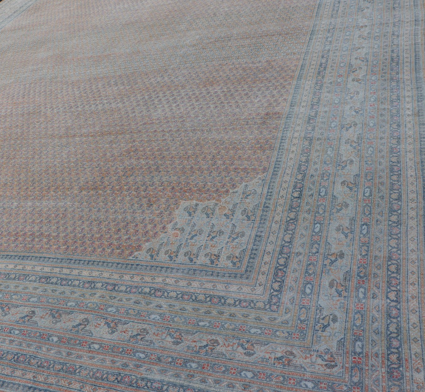 Minimalist Design Persian Tabriz Rug with Soft Orange Background, silver & Blue large antique Persian Tabriz rug with all - over Paisley Field, Keivan Woven Arts / rug /EMB - 8527 - 178686, country of origin / type: Iran/ Tabriz , circa 1930. M... - Keivan Woven ArtsEMB - 8527 - 178686 - 13690Rug