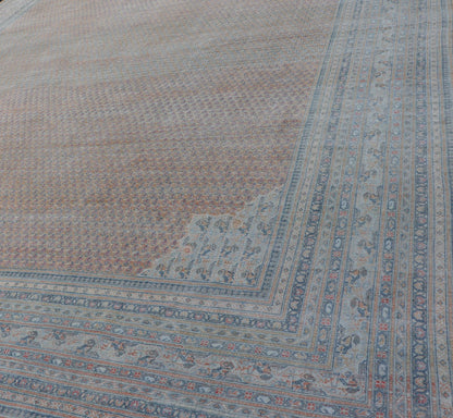Minimalist Design Persian Tabriz Rug with Soft Orange Background, silver & Blue large antique Persian Tabriz rug with all - over Paisley Field, Keivan Woven Arts / rug /EMB - 8527 - 178686, country of origin / type: Iran/ Tabriz , circa 1930. M... - Keivan Woven ArtsEMB - 8527 - 178686 - 13690Rug