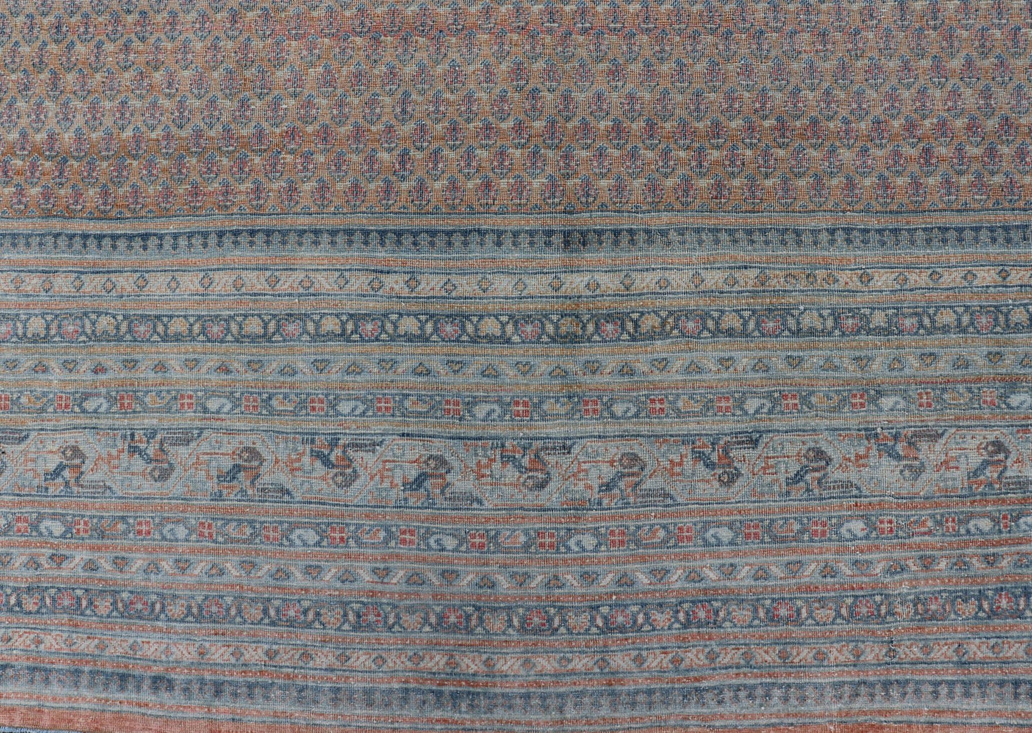Minimalist Design Persian Tabriz Rug with Soft Orange Background, silver & Blue large antique Persian Tabriz rug with all - over Paisley Field, Keivan Woven Arts / rug /EMB - 8527 - 178686, country of origin / type: Iran/ Tabriz , circa 1930. M... - Keivan Woven ArtsEMB - 8527 - 178686 - 13690Rug