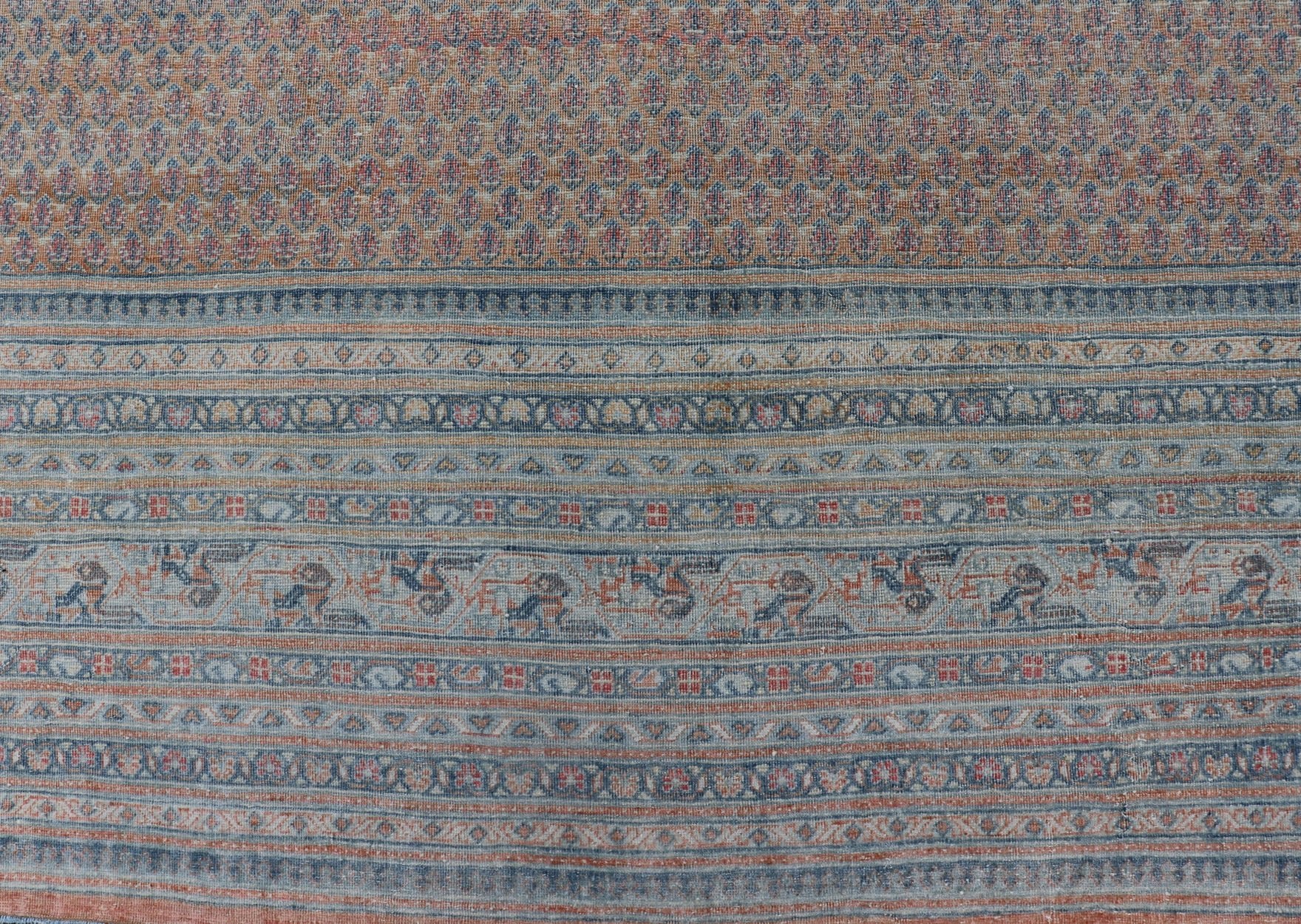 Minimalist Design Persian Tabriz Rug with Soft Orange Background, silver & Blue large antique Persian Tabriz rug with all - over Paisley Field, Keivan Woven Arts / rug /EMB - 8527 - 178686, country of origin / type: Iran/ Tabriz , circa 1930. M... - Keivan Woven ArtsEMB - 8527 - 178686 - 13690Rug