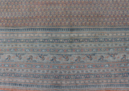 Minimalist Design Persian Tabriz Rug with Soft Orange Background, silver & Blue large antique Persian Tabriz rug with all - over Paisley Field, Keivan Woven Arts / rug /EMB - 8527 - 178686, country of origin / type: Iran/ Tabriz , circa 1930. M... - Keivan Woven ArtsEMB - 8527 - 178686 - 13690Rug