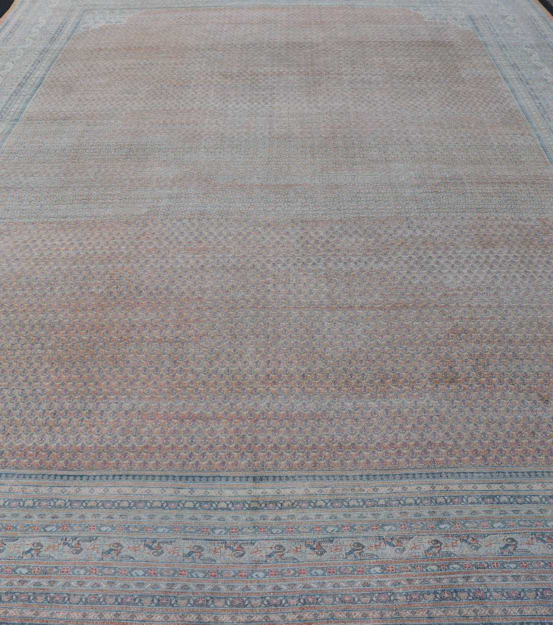 Minimalist Design Persian Tabriz Rug with Soft Orange Background, silver & Blue large antique Persian Tabriz rug with all - over Paisley Field, Keivan Woven Arts / rug /EMB - 8527 - 178686, country of origin / type: Iran/ Tabriz , circa 1930. M... - Keivan Woven ArtsEMB - 8527 - 178686 - 13690Rug