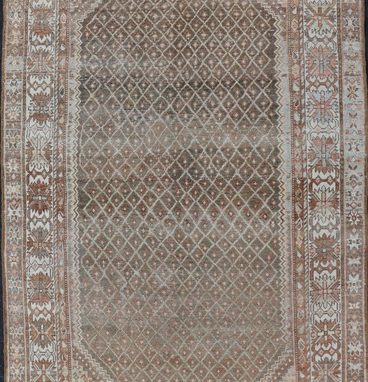 distressed Antique Persian Kurdish Rug in Gray/Brown Background with Taupe Tan & Soft Red. Softly colored antique distressed Persian Kurdish with all - over tribal design in soft colors of gray, charcoal, brown, tan cream, green , rug EMB - 8529 - 17... - Keivan Woven ArtsEMB - 8529 - 178682 - 13696Rug