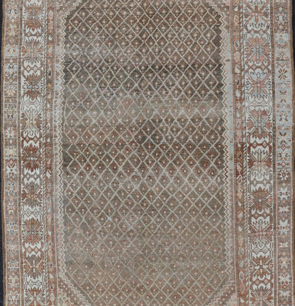 distressed Antique Persian Kurdish Rug in Gray/Brown Background with Taupe Tan & Soft Red. Softly colored antique distressed Persian Kurdish with all - over tribal design in soft colors of gray, charcoal, brown, tan cream, green , rug EMB - 8529 - 17... - Keivan Woven ArtsEMB - 8529 - 178682 - 13696Rug