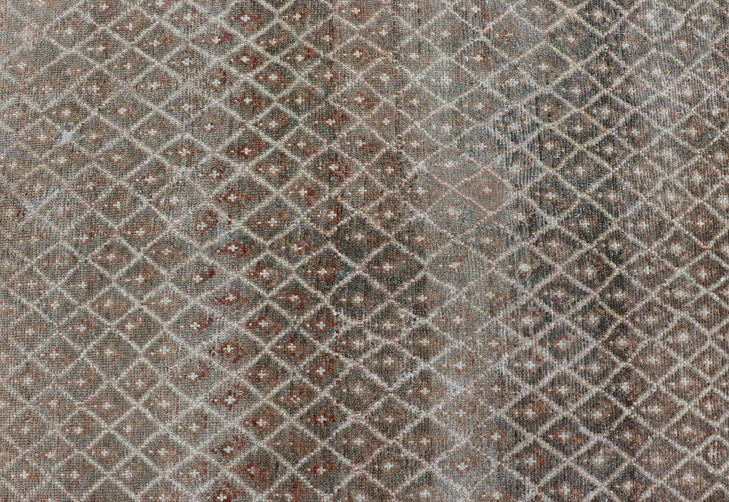 distressed Antique Persian Kurdish Rug in Gray/Brown Background with Taupe Tan & Soft Red. Softly colored antique distressed Persian Kurdish with all - over tribal design in soft colors of gray, charcoal, brown, tan cream, green , rug EMB - 8529 - 17... - Keivan Woven ArtsEMB - 8529 - 178682 - 13696Rug