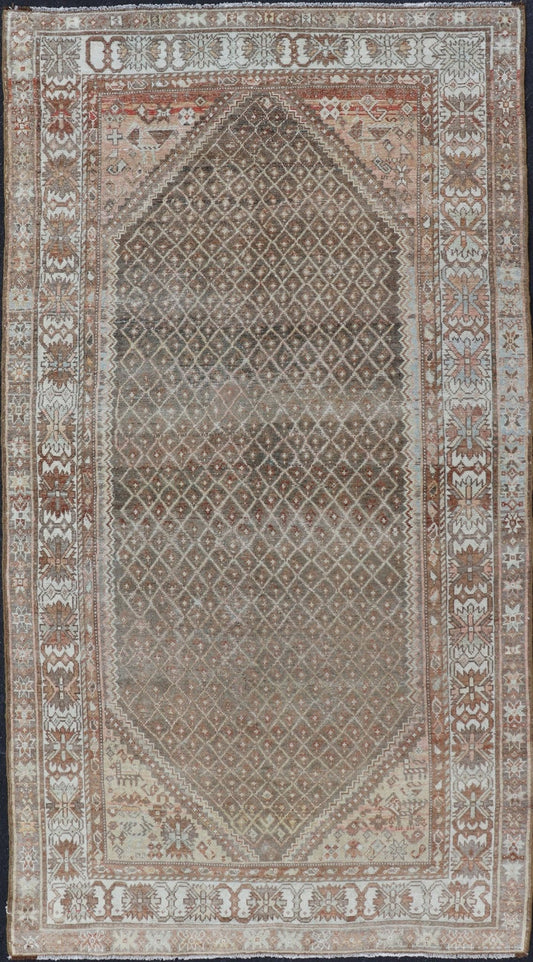 distressed Antique Persian Kurdish Rug in Gray/Brown Background with Taupe Tan & Soft Red. Softly colored antique distressed Persian Kurdish with all - over tribal design in soft colors of gray, charcoal, brown, tan cream, green , rug EMB - 8529 - 17... - Keivan Woven ArtsEMB - 8529 - 178682 - 13696