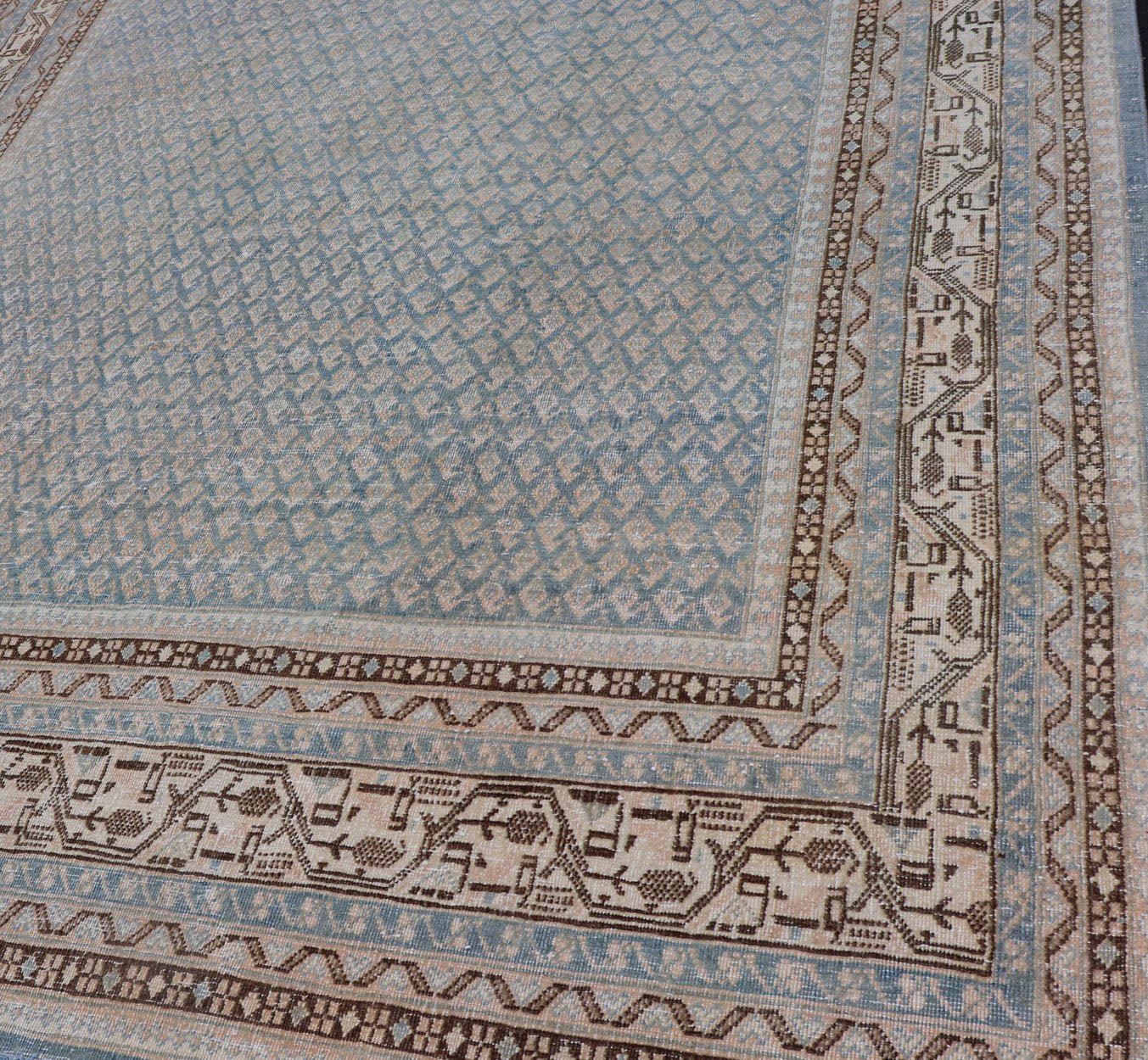 Minimalist Design Antique Persian Tabriz Rug with Modern Look in Blue Tones Minimalist antique Persian Tabriz rug with all - over field and light blue, rug EMB - 8530 - 178688, country of origin / type: Iran/ Tabriz, circa 1930. This Tabriz rug... - Keivan Woven ArtsEMB - 8530 - 178688 - 13702Rug