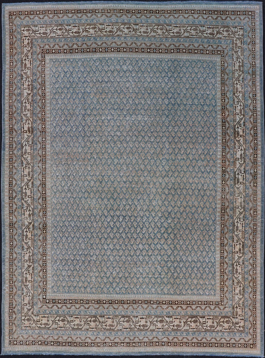 Minimalist Design Antique Persian Tabriz Rug with Modern Look in Blue Tones Minimalist antique Persian Tabriz rug with all - over field and light blue, rug EMB - 8530 - 178688, country of origin / type: Iran/ Tabriz, circa 1930. This Tabriz rug... - Keivan Woven ArtsEMB - 8530 - 178688 - 13702Rug