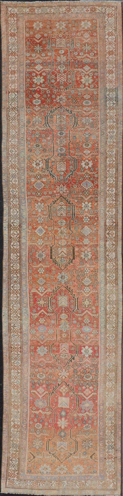 Malayer Antique Runner in Gray Blue, Coral, and Cream with All - over Design Antique Persian Malayer Runner with soft color tones and all - over geometric design Malayer antique Runner from Persia with geometric design, Keivan Woven Arts / rug E... - Keivan Woven ArtsEMB - 8533 - 178693 - 13746Rug