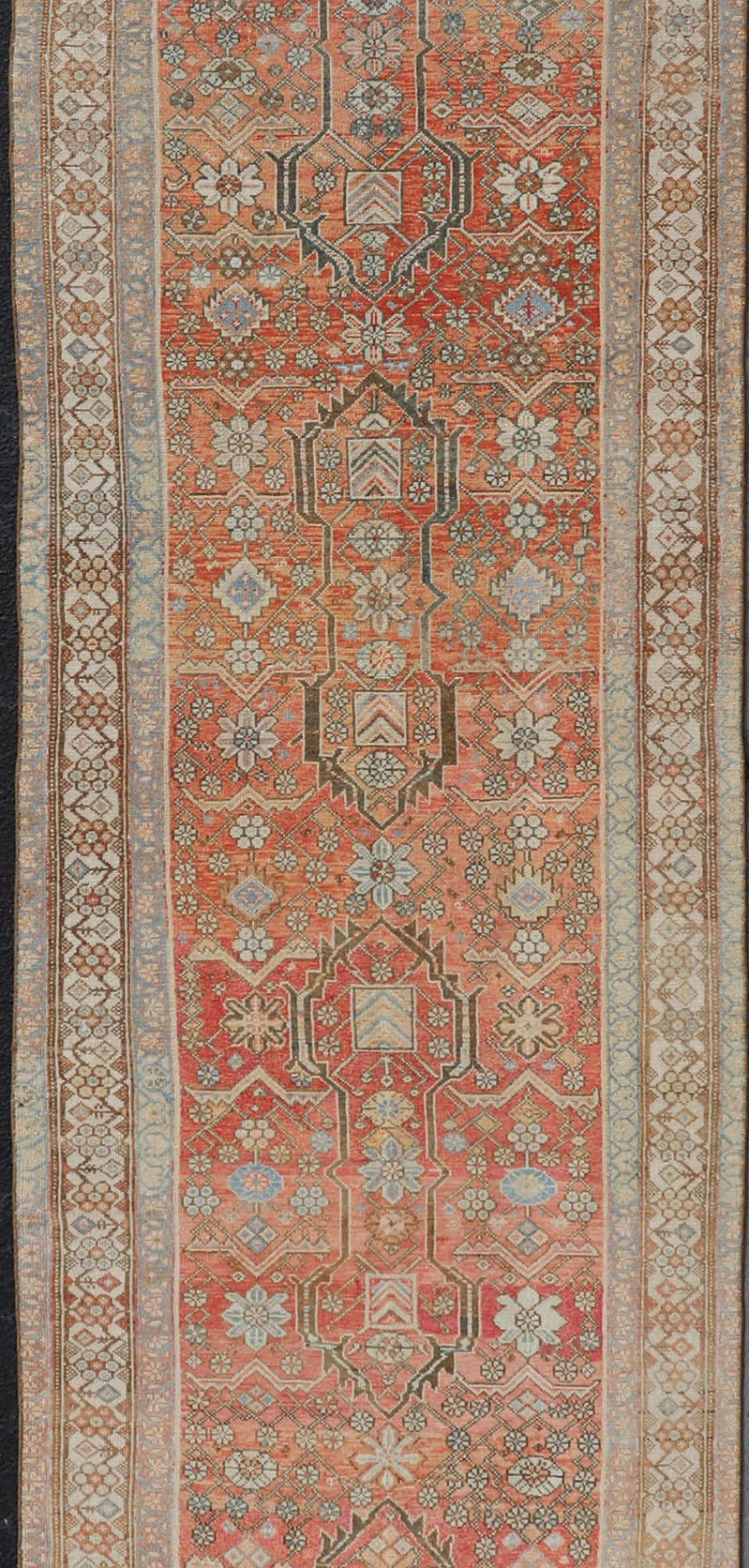 Malayer Antique Runner in Gray Blue, Coral, and Cream with All - over Design Antique Persian Malayer Runner with soft color tones and all - over geometric design Malayer antique Runner from Persia with geometric design, Keivan Woven Arts / rug E... - Keivan Woven ArtsEMB - 8533 - 178693 - 13746Rug