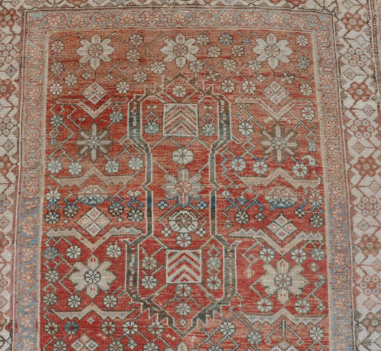 Malayer Antique Runner in Gray Blue, Coral, and Cream with All - over Design Antique Persian Malayer Runner with soft color tones and all - over geometric design Malayer antique Runner from Persia with geometric design, Keivan Woven Arts / rug E... - Keivan Woven ArtsEMB - 8533 - 178693 - 13746Rug