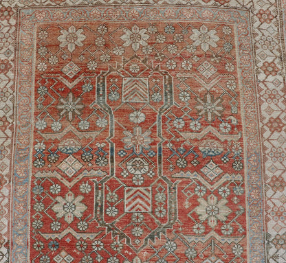 Malayer Antique Runner in Gray Blue, Coral, and Cream with All - over Design Antique Persian Malayer Runner with soft color tones and all - over geometric design Malayer antique Runner from Persia with geometric design, Keivan Woven Arts / rug E... - Keivan Woven ArtsEMB - 8533 - 178693 - 13746Rug