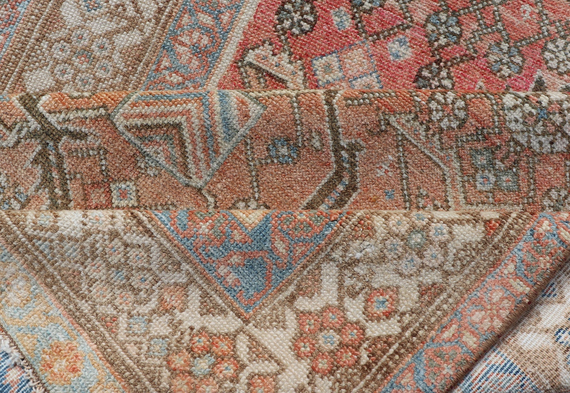Malayer Antique Runner in Gray Blue, Coral, and Cream with All - over Design Antique Persian Malayer Runner with soft color tones and all - over geometric design Malayer antique Runner from Persia with geometric design, Keivan Woven Arts / rug E... - Keivan Woven ArtsEMB - 8533 - 178693 - 13746Rug