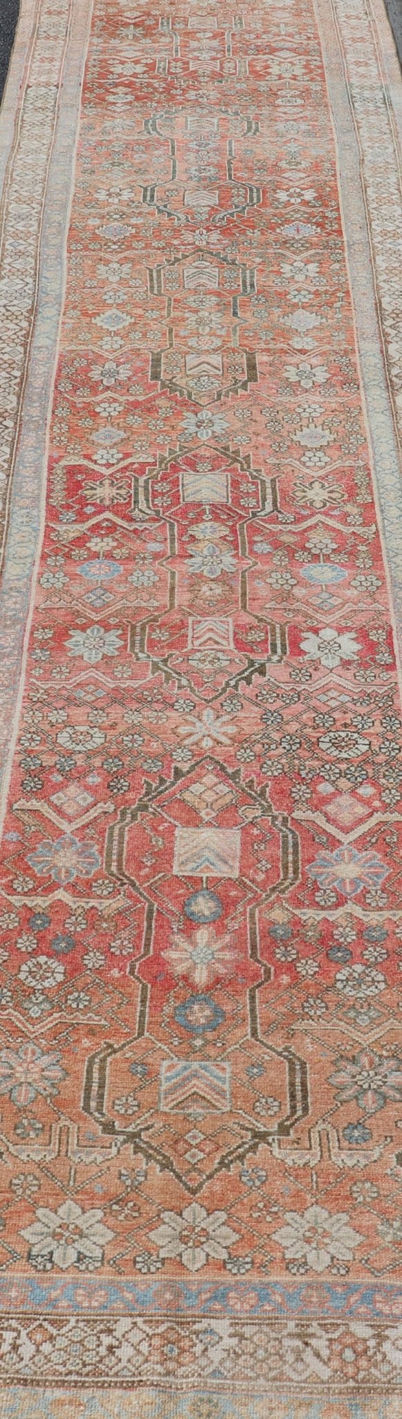 Malayer Antique Runner in Gray Blue, Coral, and Cream with All - over Design Antique Persian Malayer Runner with soft color tones and all - over geometric design Malayer antique Runner from Persia with geometric design, Keivan Woven Arts / rug E... - Keivan Woven ArtsEMB - 8533 - 178693 - 13746Rug