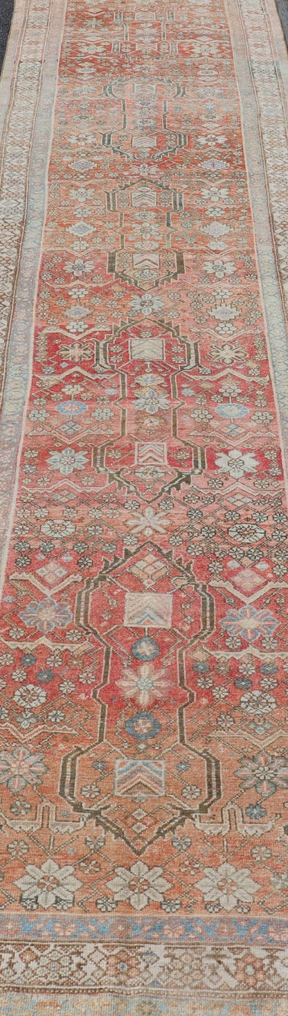 Malayer Antique Runner in Gray Blue, Coral, and Cream with All - over Design Antique Persian Malayer Runner with soft color tones and all - over geometric design Malayer antique Runner from Persia with geometric design, Keivan Woven Arts / rug E... - Keivan Woven ArtsEMB - 8533 - 178693 - 13746Rug