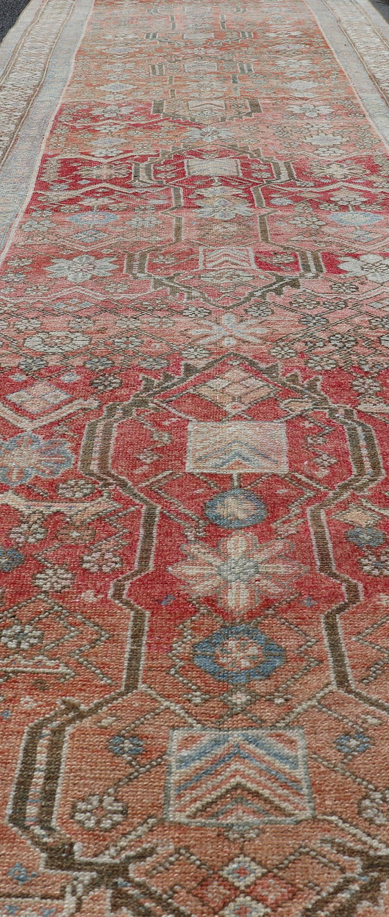 Malayer Antique Runner in Gray Blue, Coral, and Cream with All - over Design Antique Persian Malayer Runner with soft color tones and all - over geometric design Malayer antique Runner from Persia with geometric design, Keivan Woven Arts / rug E... - Keivan Woven ArtsEMB - 8533 - 178693 - 13746Rug