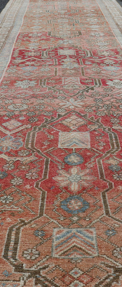 Malayer Antique Runner in Gray Blue, Coral, and Cream with All - over Design Antique Persian Malayer Runner with soft color tones and all - over geometric design Malayer antique Runner from Persia with geometric design, Keivan Woven Arts / rug E... - Keivan Woven ArtsEMB - 8533 - 178693 - 13746Rug