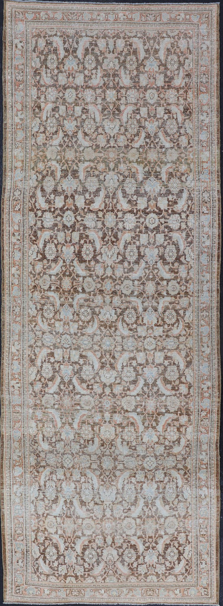 Brown Background Antique Persian Mahal with All - Over Floral Design in Orange Antique Gallery Mahal gallery rug with colorful, bold design, Keivan Woven Ars / rug EMB - 8536 - 178964, country of origin / type: Iran / Mahal, circa 1920 This ant... - Keivan Woven ArtsEMB - 8536 - 178964 - 13772Rug