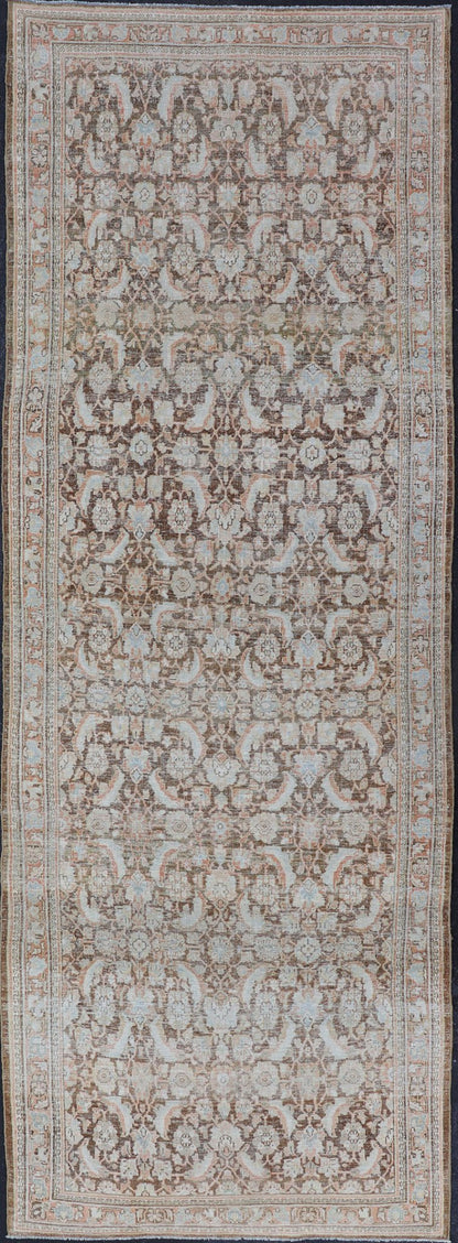 Brown Background Antique Persian Mahal with All - Over Floral Design in Orange Antique Gallery Mahal gallery rug with colorful, bold design, Keivan Woven Ars / rug EMB - 8536 - 178964, country of origin / type: Iran / Mahal, circa 1920 This ant... - Keivan Woven ArtsEMB - 8536 - 178964 - 13772Rug
