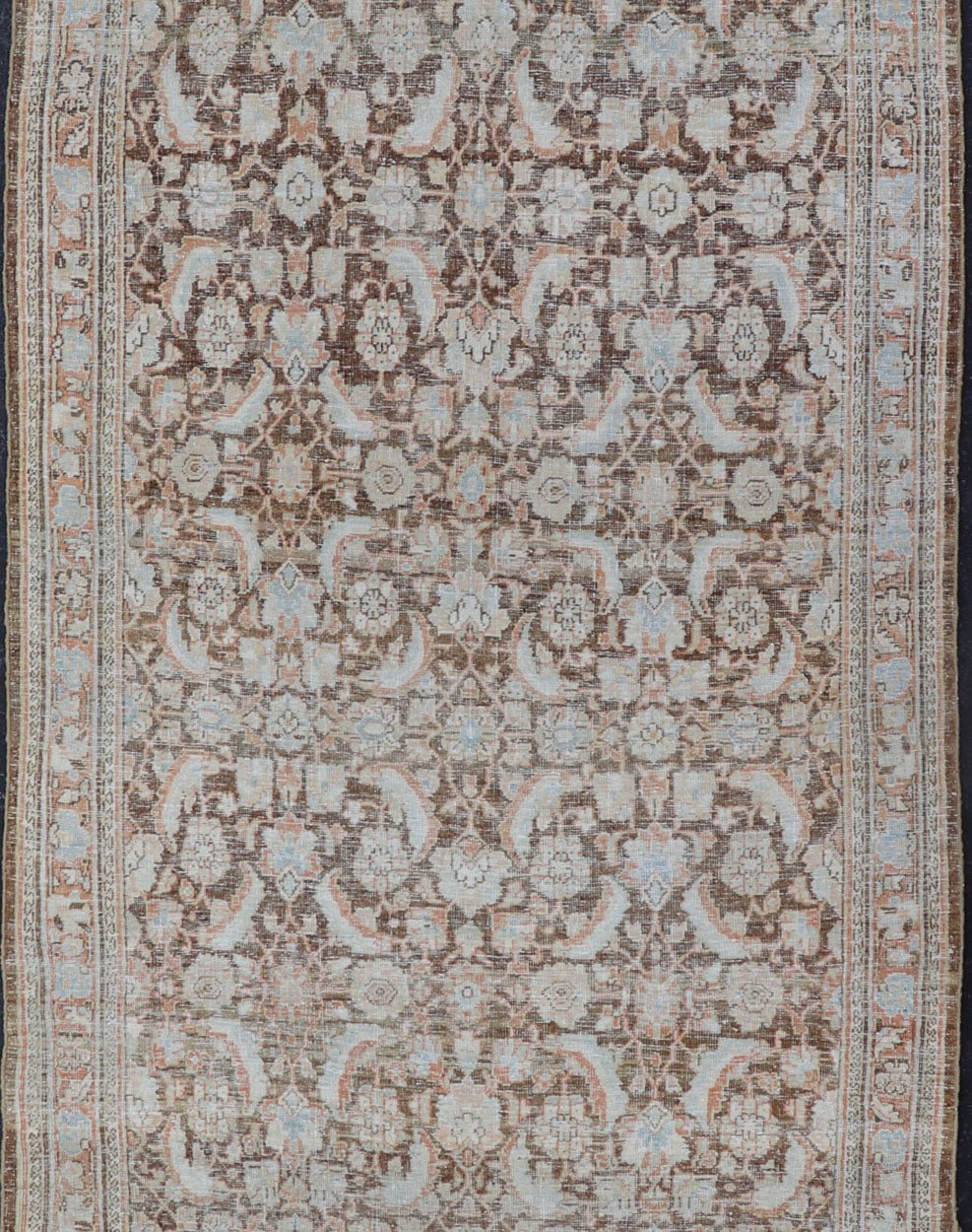 Brown Background Antique Persian Mahal with All - Over Floral Design in Orange Antique Gallery Mahal gallery rug with colorful, bold design, Keivan Woven Ars / rug EMB - 8536 - 178964, country of origin / type: Iran / Mahal, circa 1920 This ant... - Keivan Woven ArtsEMB - 8536 - 178964 - 13772Rug