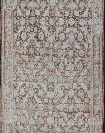 Brown Background Antique Persian Mahal with All - Over Floral Design in Orange Antique Gallery Mahal gallery rug with colorful, bold design, Keivan Woven Ars / rug EMB - 8536 - 178964, country of origin / type: Iran / Mahal, circa 1920 This ant... - Keivan Woven ArtsEMB - 8536 - 178964 - 13772Rug