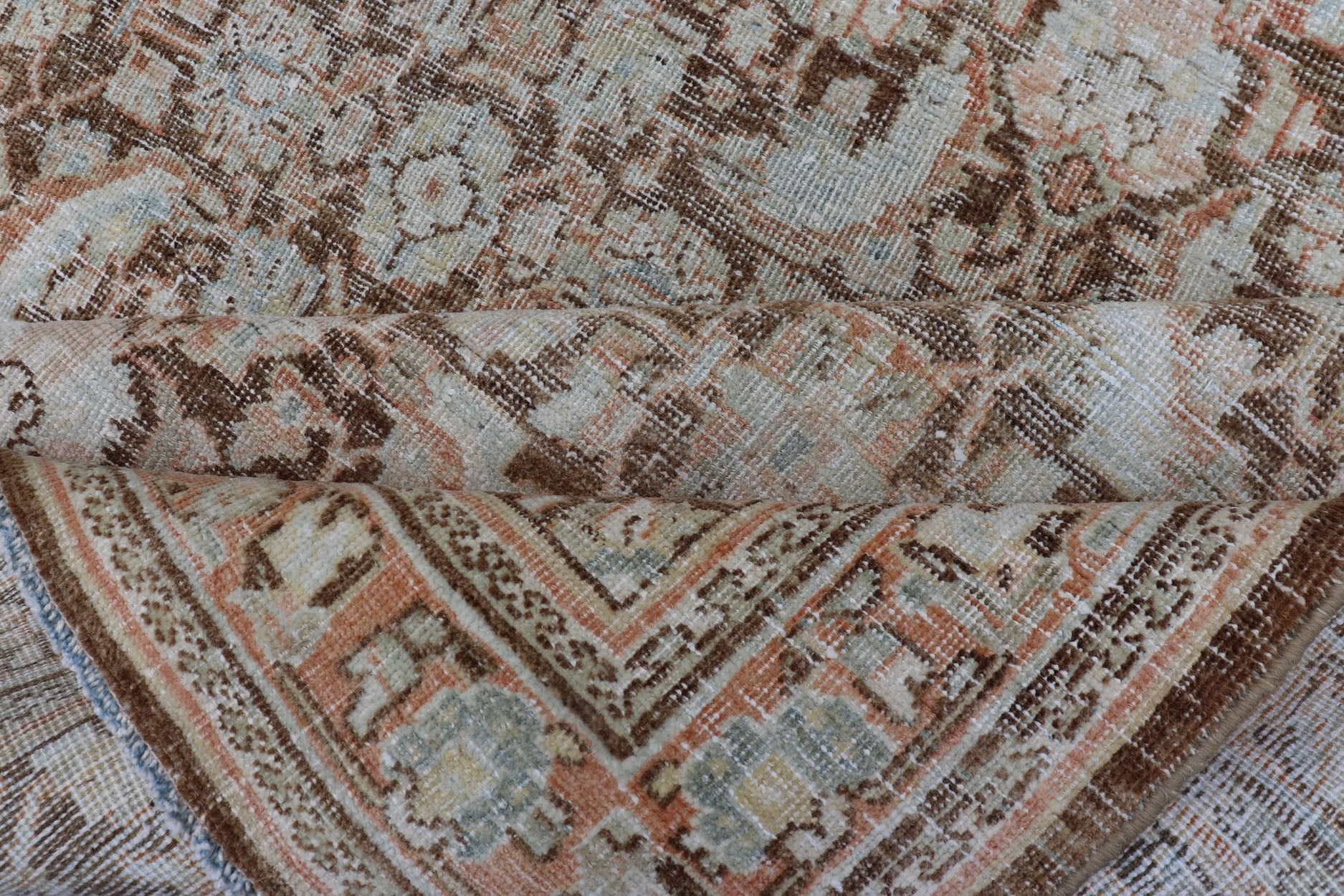 Brown Background Antique Persian Mahal with All - Over Floral Design in Orange Antique Gallery Mahal gallery rug with colorful, bold design, Keivan Woven Ars / rug EMB - 8536 - 178964, country of origin / type: Iran / Mahal, circa 1920 This ant... - Keivan Woven ArtsEMB - 8536 - 178964 - 13772Rug
