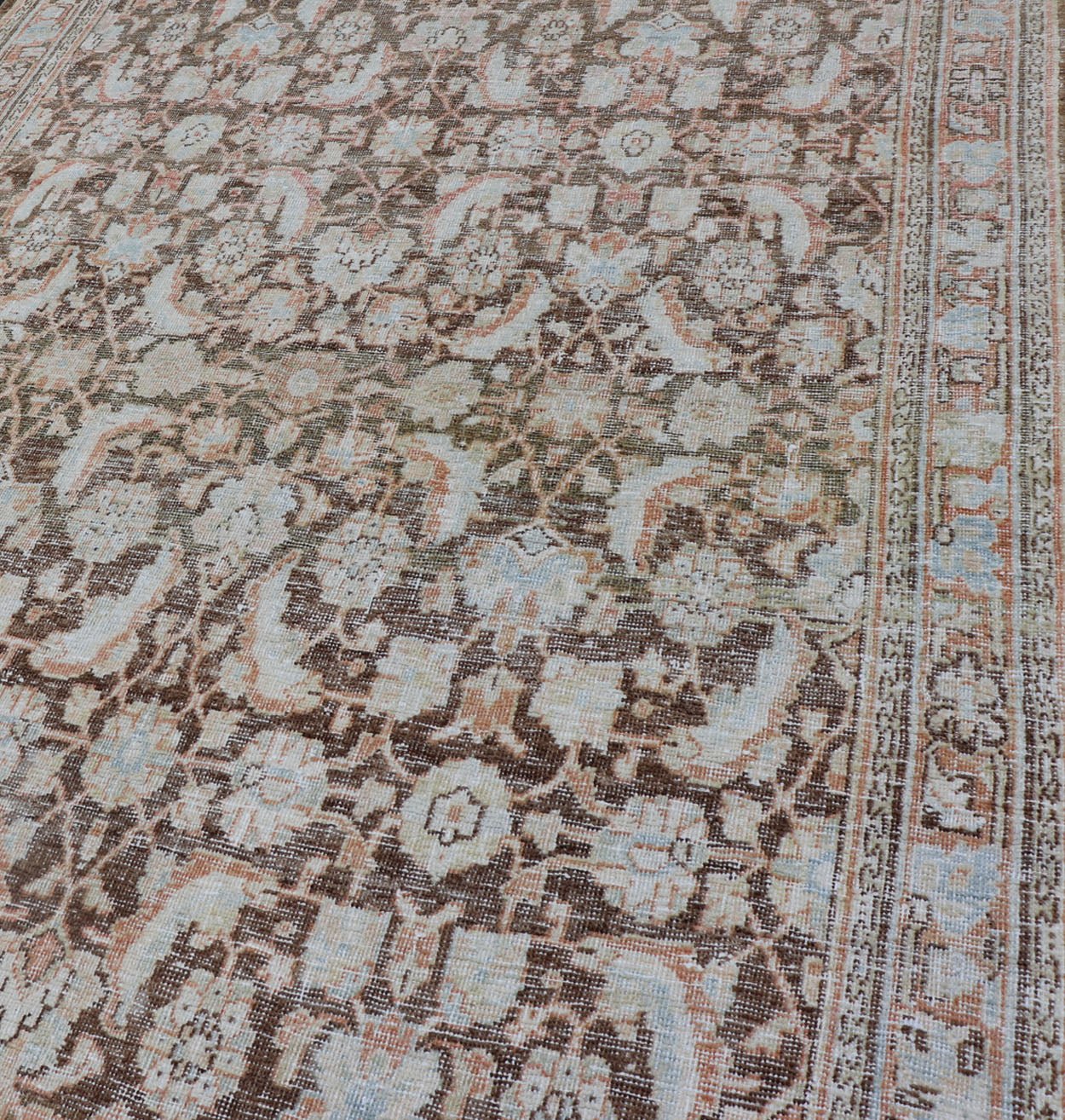 Brown Background Antique Persian Mahal with All - Over Floral Design in Orange Antique Gallery Mahal gallery rug with colorful, bold design, Keivan Woven Ars / rug EMB - 8536 - 178964, country of origin / type: Iran / Mahal, circa 1920 This ant... - Keivan Woven ArtsEMB - 8536 - 178964 - 13772Rug