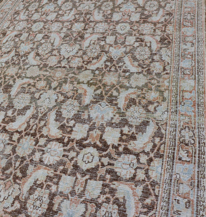 Brown Background Antique Persian Mahal with All - Over Floral Design in Orange Antique Gallery Mahal gallery rug with colorful, bold design, Keivan Woven Ars / rug EMB - 8536 - 178964, country of origin / type: Iran / Mahal, circa 1920 This ant... - Keivan Woven ArtsEMB - 8536 - 178964 - 13772Rug