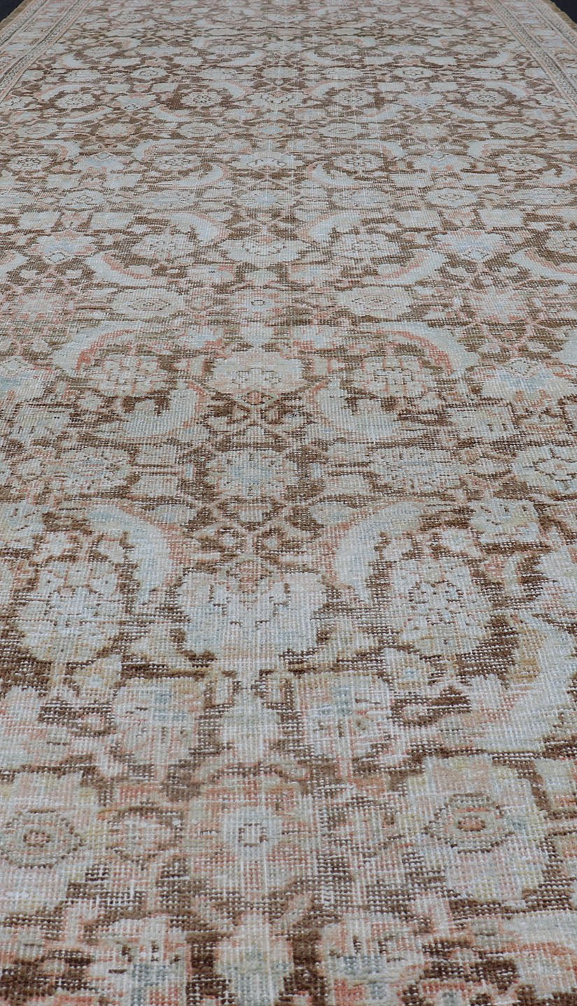 Brown Background Antique Persian Mahal with All - Over Floral Design in Orange Antique Gallery Mahal gallery rug with colorful, bold design, Keivan Woven Ars / rug EMB - 8536 - 178964, country of origin / type: Iran / Mahal, circa 1920 This ant... - Keivan Woven ArtsEMB - 8536 - 178964 - 13772Rug