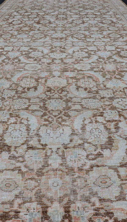 Brown Background Antique Persian Mahal with All - Over Floral Design in Orange Antique Gallery Mahal gallery rug with colorful, bold design, Keivan Woven Ars / rug EMB - 8536 - 178964, country of origin / type: Iran / Mahal, circa 1920 This ant... - Keivan Woven ArtsEMB - 8536 - 178964 - 13772Rug