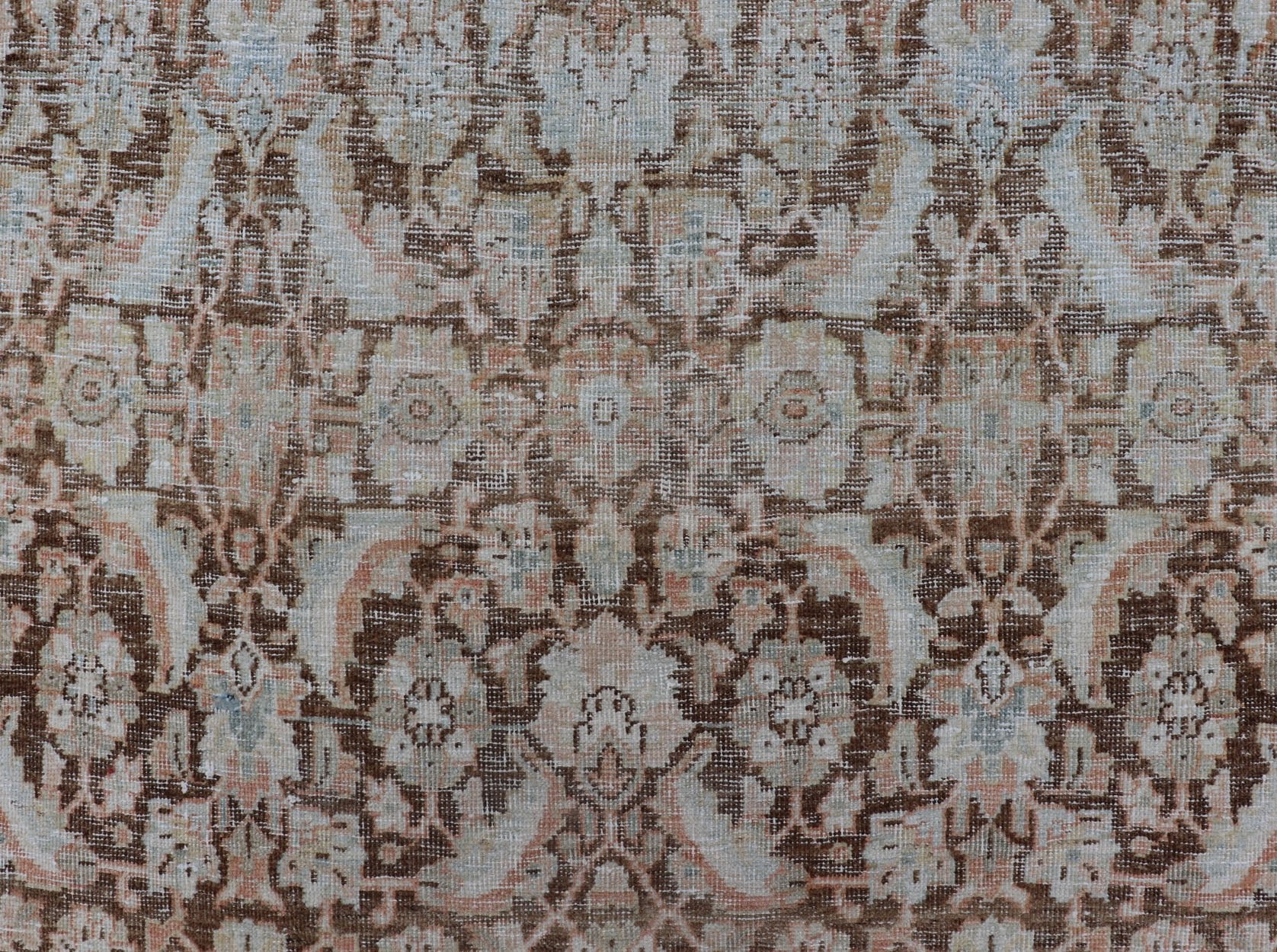 Brown Background Antique Persian Mahal with All - Over Floral Design in Orange Antique Gallery Mahal gallery rug with colorful, bold design, Keivan Woven Ars / rug EMB - 8536 - 178964, country of origin / type: Iran / Mahal, circa 1920 This ant... - Keivan Woven ArtsEMB - 8536 - 178964 - 13772Rug