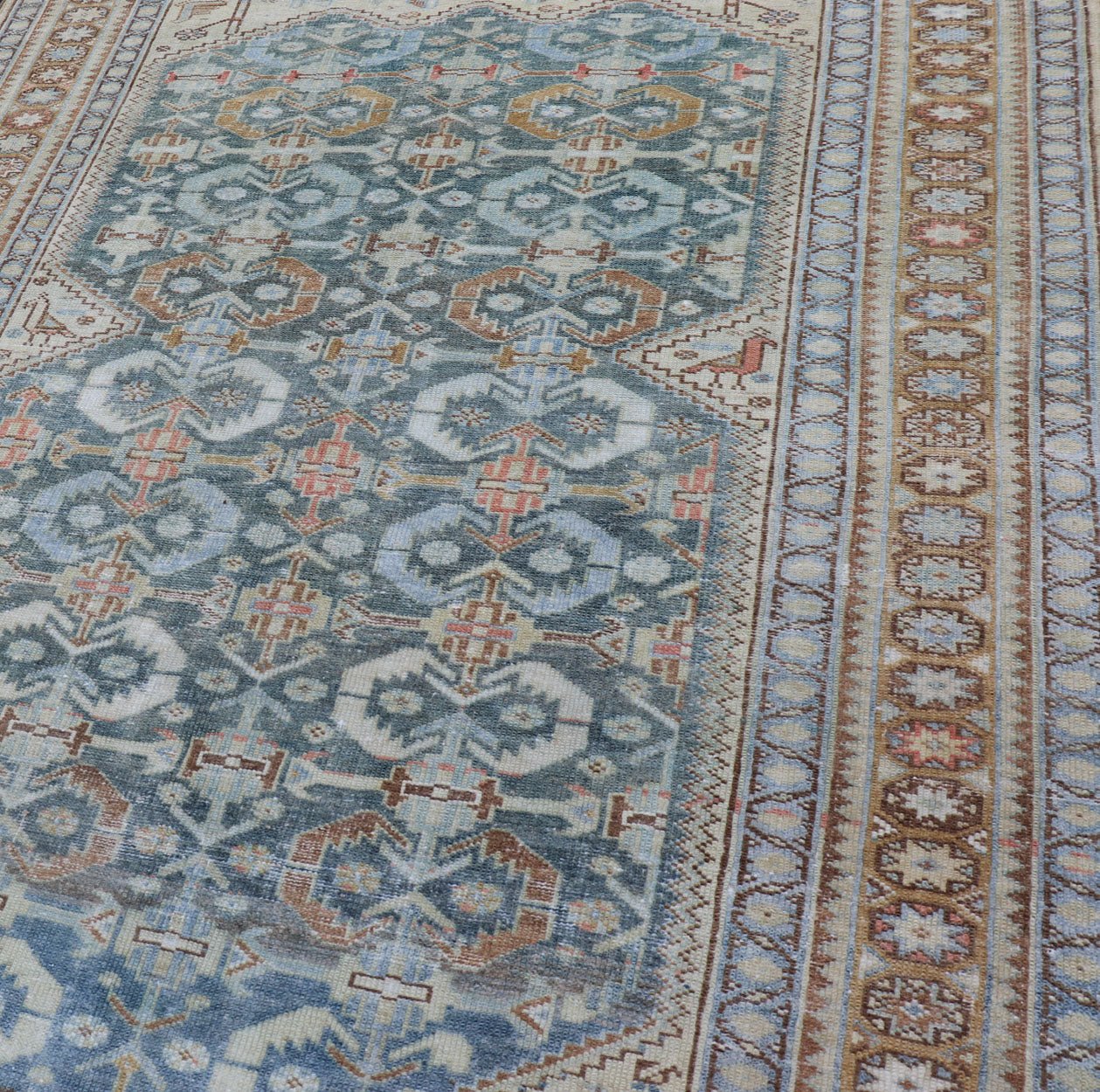 Muted Light Blue and L. Green Persian Gallery Malayer Rug with Geometric Design Intricately designed antique Malayer gallery in light tones, rug EMB - 8541 - 178694, country of origin Keivan Woven Arts / type: Iran / Malayer, circa 1920. This... - Keivan Woven ArtsEMB - 8541 - 178694 - 13790Rug