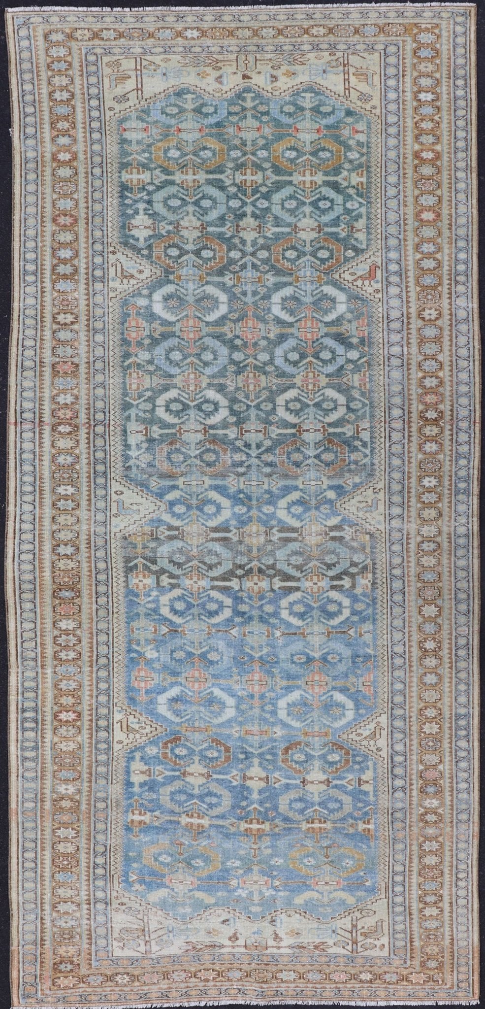Muted Light Blue and L. Green Persian Gallery Malayer Rug with Geometric Design Intricately designed antique Malayer gallery in light tones, rug EMB - 8541 - 178694, country of origin Keivan Woven Arts / type: Iran / Malayer, circa 1920. This... - Keivan Woven ArtsEMB - 8541 - 178694 - 13790Rug