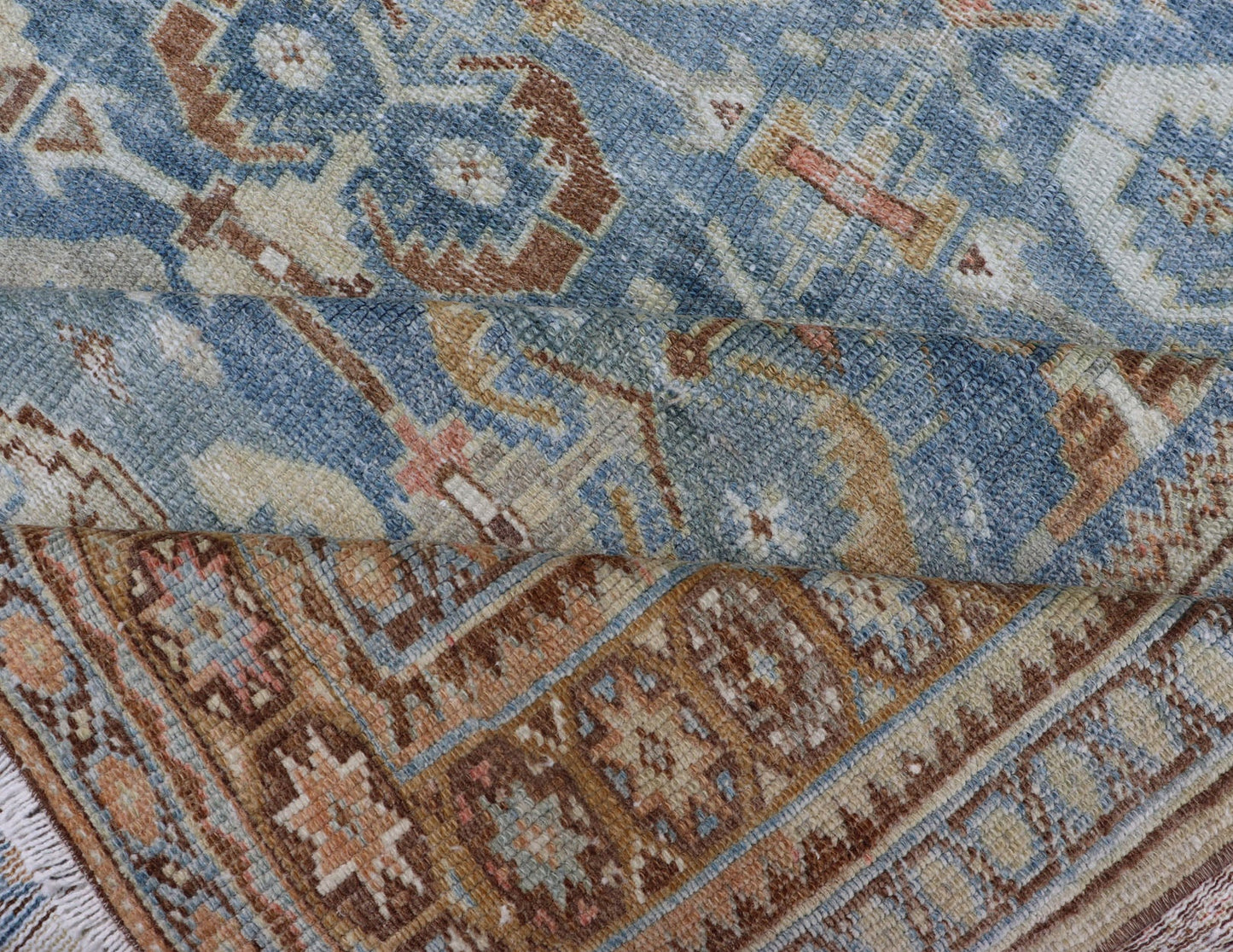 Muted Light Blue and L. Green Persian Gallery Malayer Rug with Geometric Design Intricately designed antique Malayer gallery in light tones, rug EMB - 8541 - 178694, country of origin Keivan Woven Arts / type: Iran / Malayer, circa 1920. This... - Keivan Woven ArtsEMB - 8541 - 178694 - 13790Rug