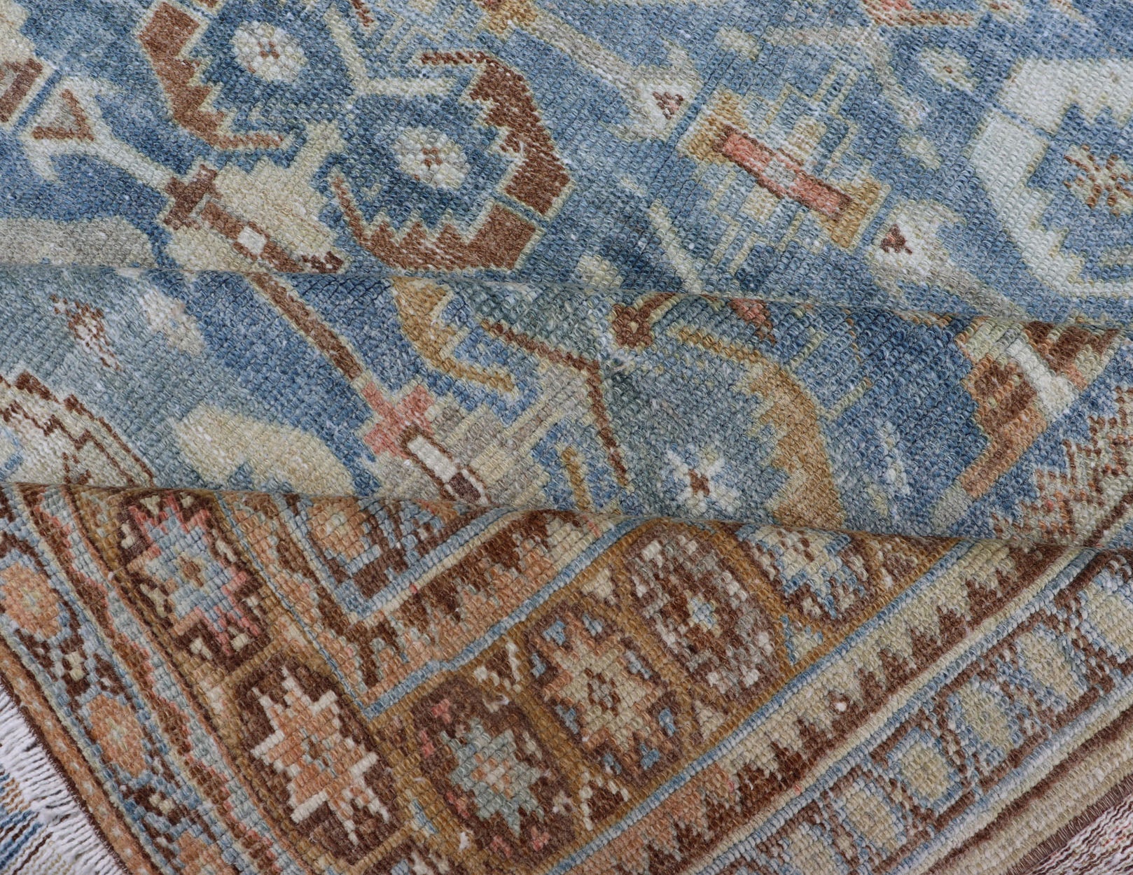 Muted Light Blue and L. Green Persian Gallery Malayer Rug with Geometric Design Intricately designed antique Malayer gallery in light tones, rug EMB - 8541 - 178694, country of origin Keivan Woven Arts / type: Iran / Malayer, circa 1920. This... - Keivan Woven ArtsEMB - 8541 - 178694 - 13790Rug