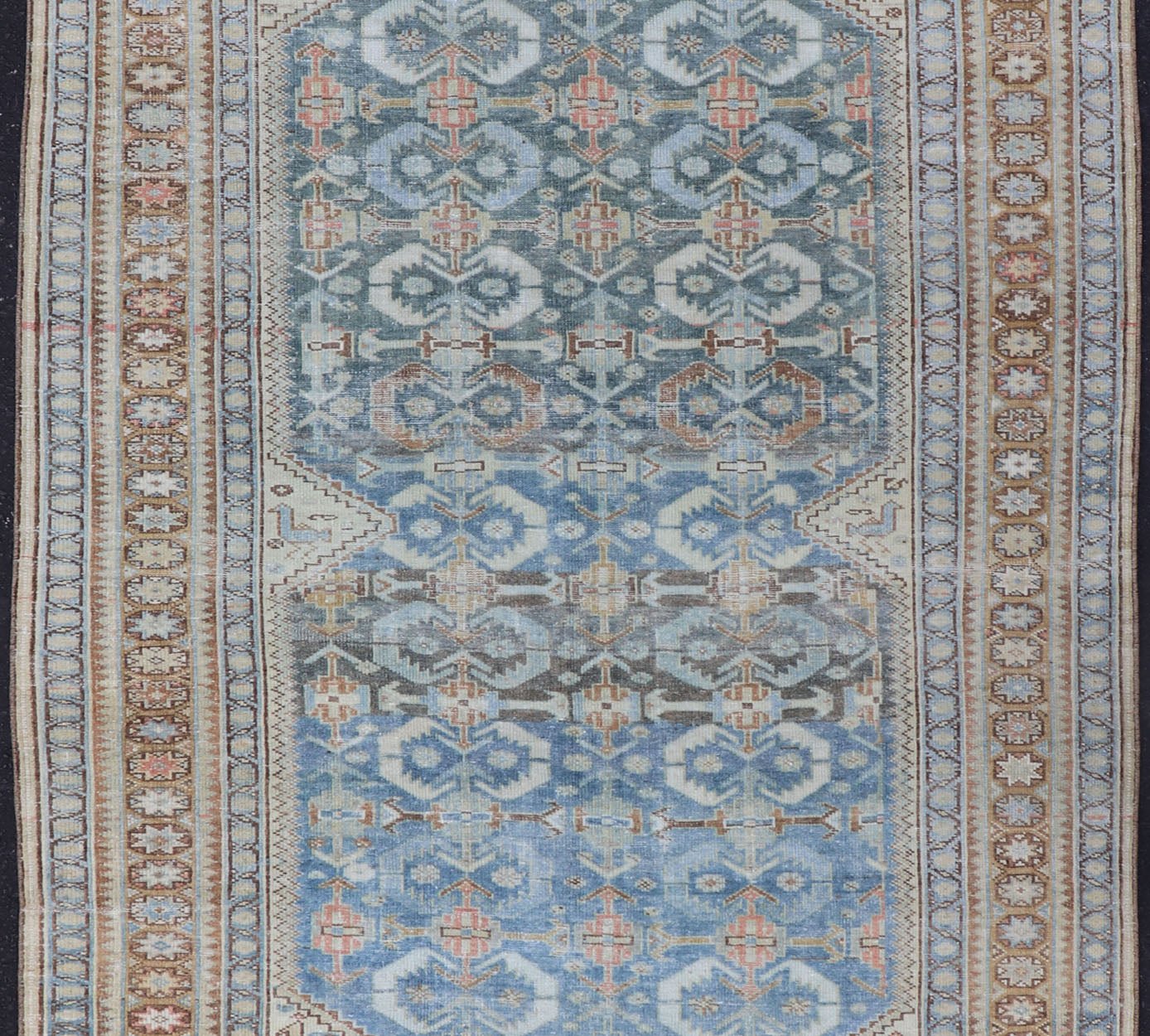 Muted Light Blue and L. Green Persian Gallery Malayer Rug with Geometric Design Intricately designed antique Malayer gallery in light tones, rug EMB - 8541 - 178694, country of origin Keivan Woven Arts / type: Iran / Malayer, circa 1920. This... - Keivan Woven ArtsEMB - 8541 - 178694 - 13790Rug
