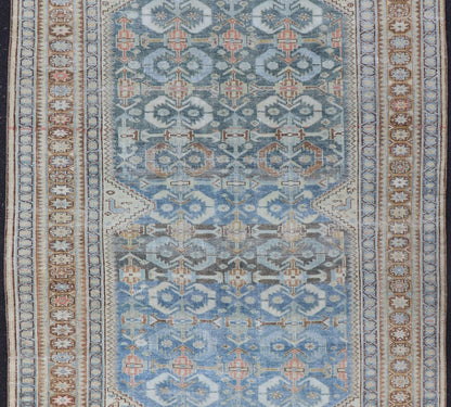 Muted Light Blue and L. Green Persian Gallery Malayer Rug with Geometric Design Intricately designed antique Malayer gallery in light tones, rug EMB - 8541 - 178694, country of origin Keivan Woven Arts / type: Iran / Malayer, circa 1920. This... - Keivan Woven ArtsEMB - 8541 - 178694 - 13790Rug